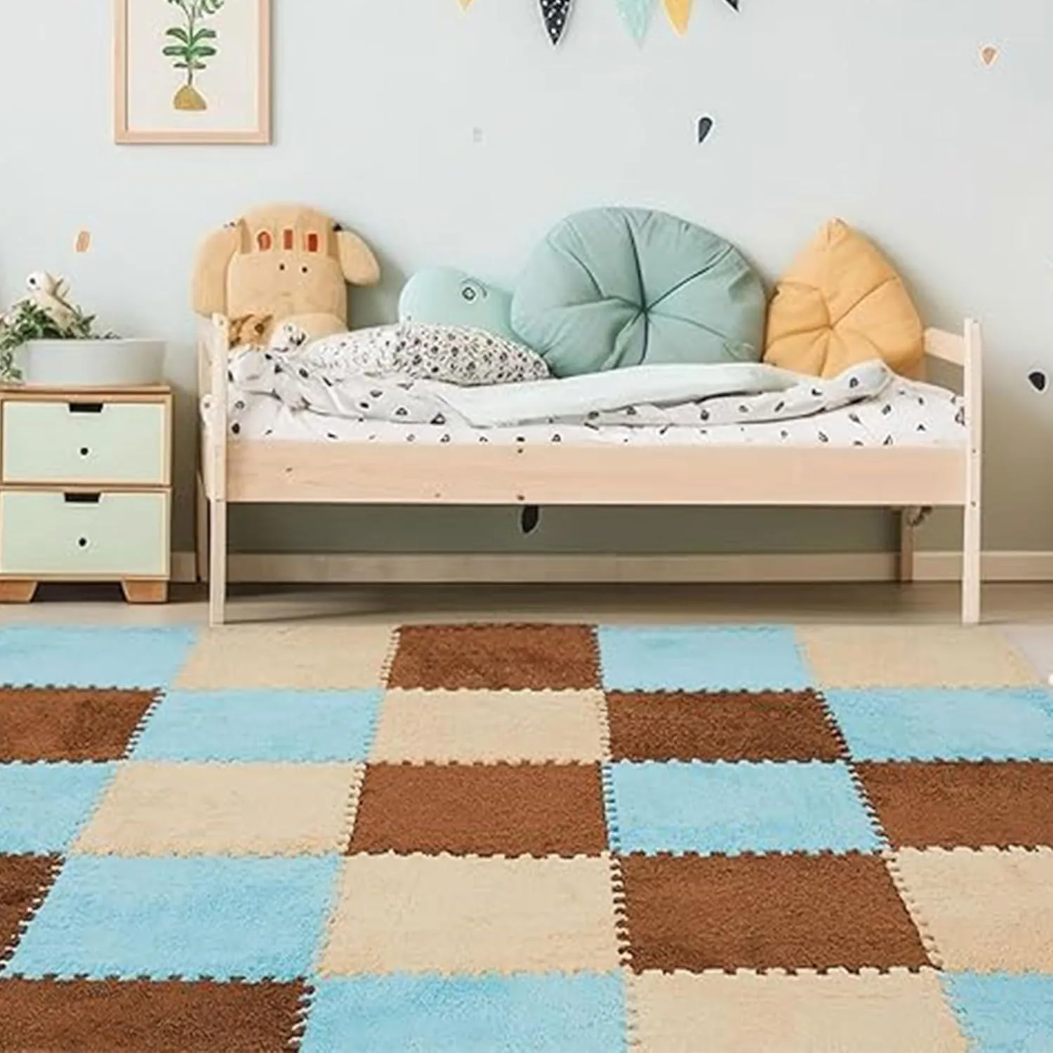 Play Mat for Room (Light Coffee) Gangdise 12 PCS Thickened Plush Interlocking Floor Mat Fluffy Square Tiles EVA Foam Matswith 16 Edgings Soft Anti-Slip relational Exercise 
