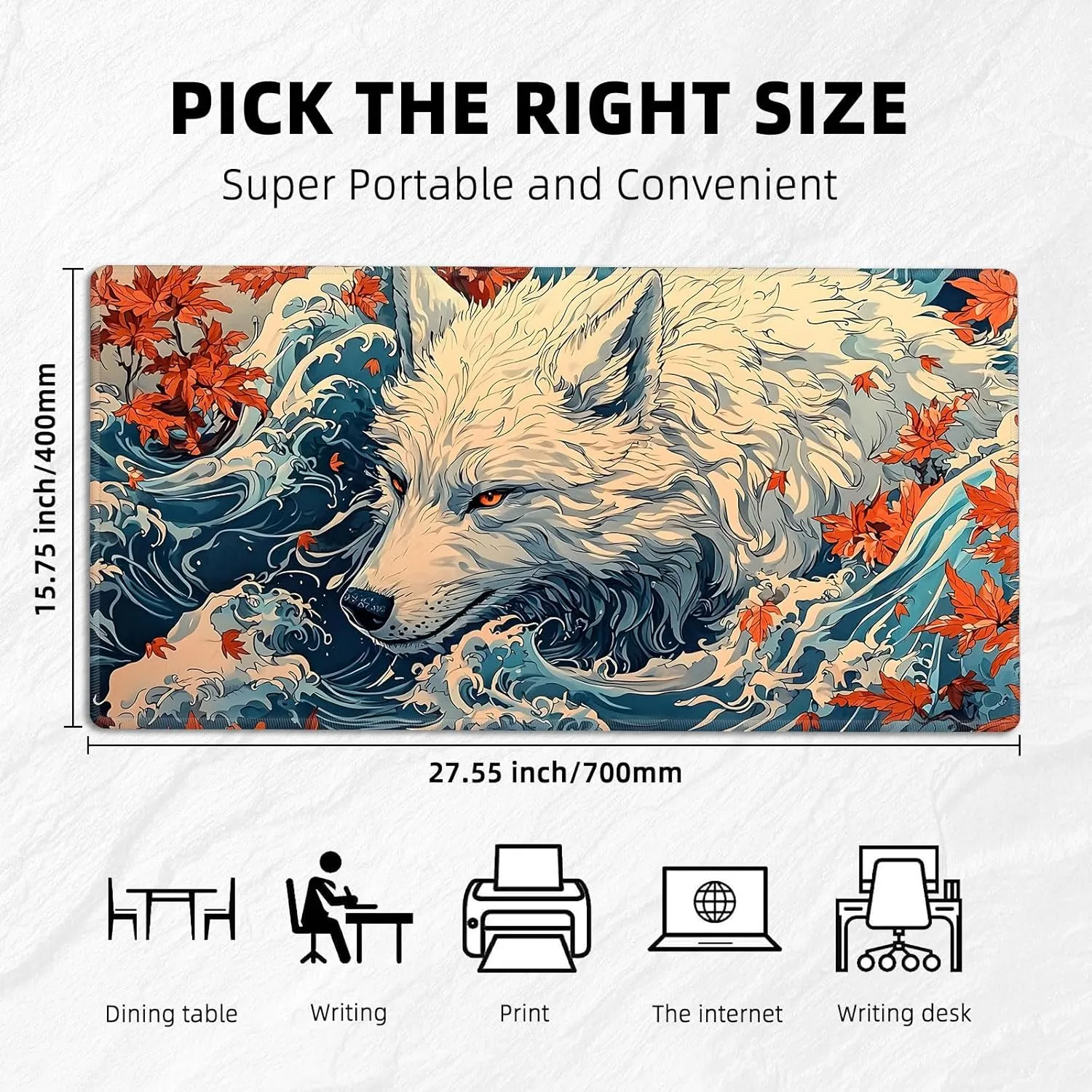 Playmat and Playing Card Mat for Magic Board Games, Non-Slip Wolf Maple Leaf Desk Mat, Stitched Edges Game Mat, Rollable & Foldable Card Playmats for MTG Playmat with Storage Bag, for housewares elongate percussion mycology TCG 