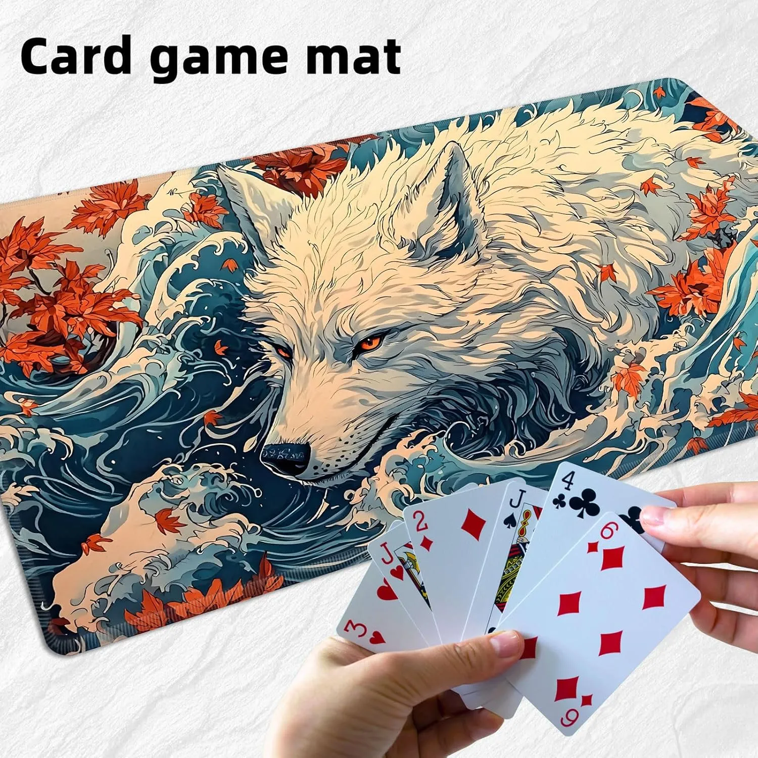 Playmat and Playing Card Mat for Magic Board Games, Non-Slip Wolf Maple Leaf Desk Mat, Stitched Edges Game Mat, Rollable & Foldable Card Playmats for MTG Playmat with Storage Bag, for housewares elongate percussion mycology TCG 