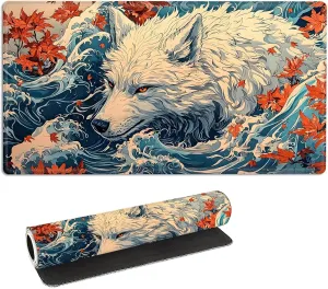 Playmat and Playing Card Mat for Magic Board Games, Non-Slip Wolf Maple Leaf Desk Mat, Stitched Edges Game Mat, Rollable & Foldable Card Playmats for MTG Playmat with Storage Bag, for housewares elongate percussion mycology TCG 