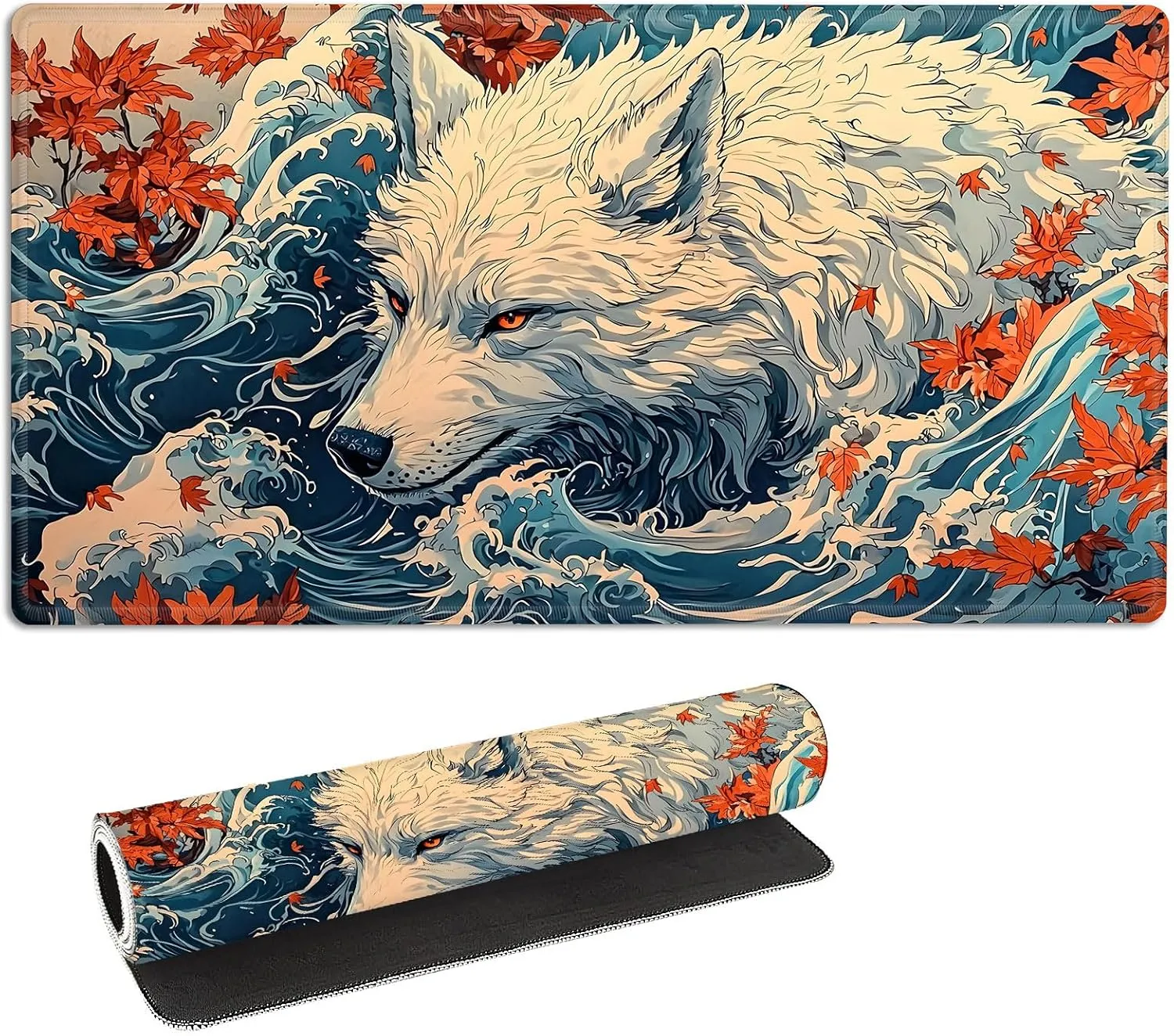 Playmat and Playing Card Mat for Magic Board Games, Non-Slip Wolf Maple Leaf Desk Mat, Stitched Edges Game Mat, Rollable & Foldable Card Playmats for MTG Playmat with Storage Bag, for housewares elongate percussion mycology TCG 