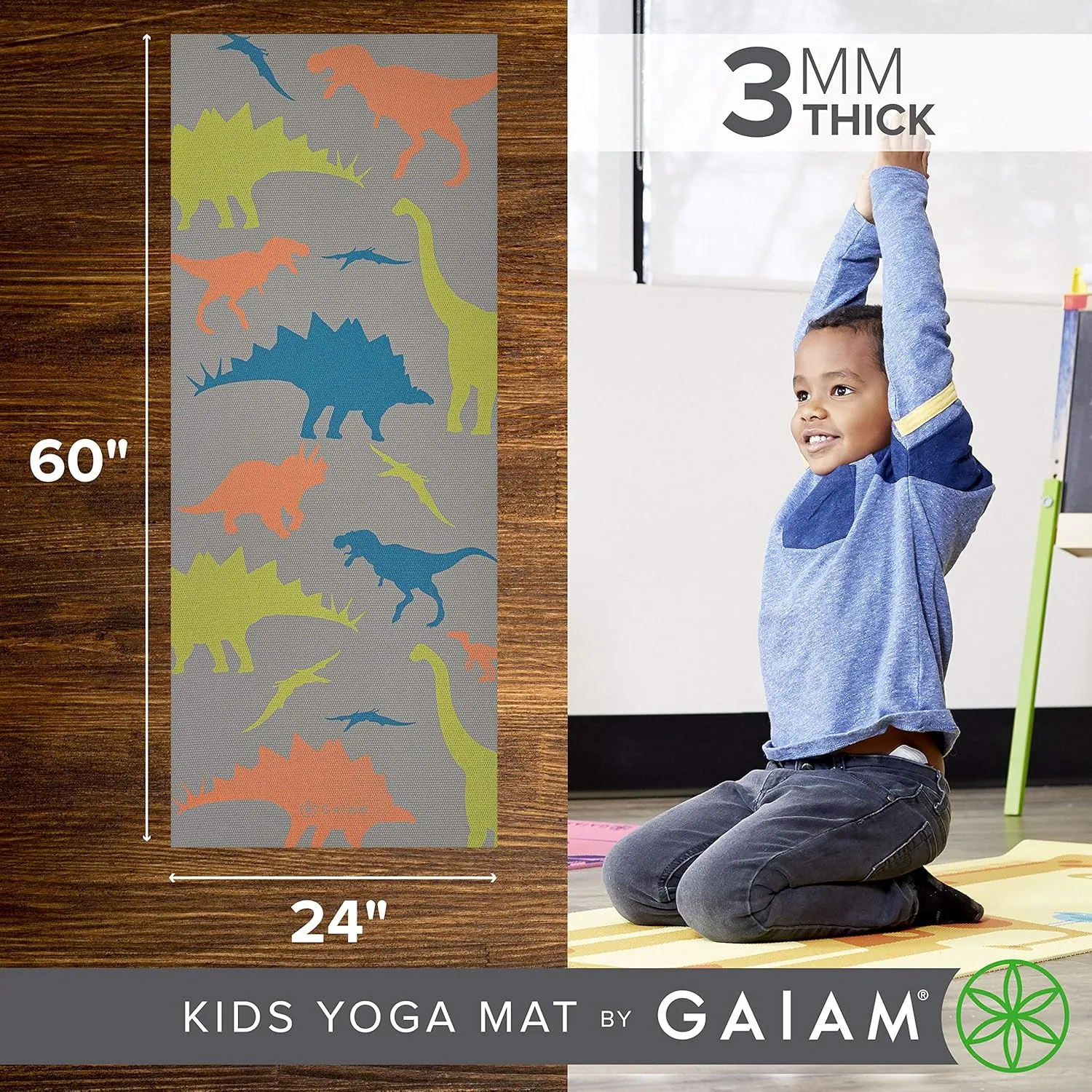Playtime for Babies, remediation Active & Calm Toddlers and Young Children (60" L x 24" W x 3mm Thick) Gaiam Kids Yoga Mat Exercise Mat, Yoga for Kids with Fun Prints - 