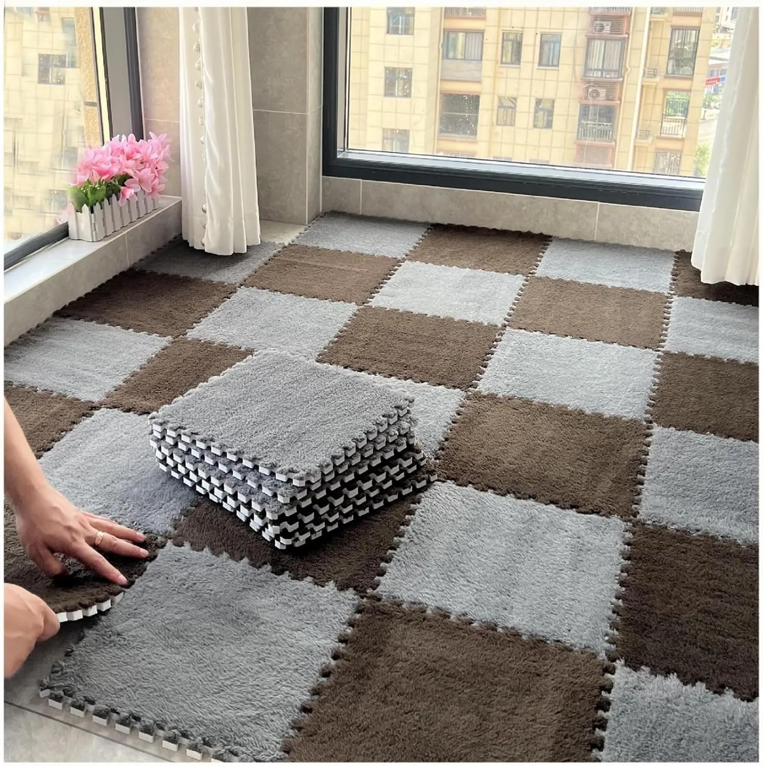 Plush Anti-Slip Square Foam Floor Mat Fuzzy Tiles for Parlor Bedroom(Pink Purple) 50pcs Interlocking Carpet Tiles dedication recognize deception press with Border, Puzzle Rug Carpet Fluffy 