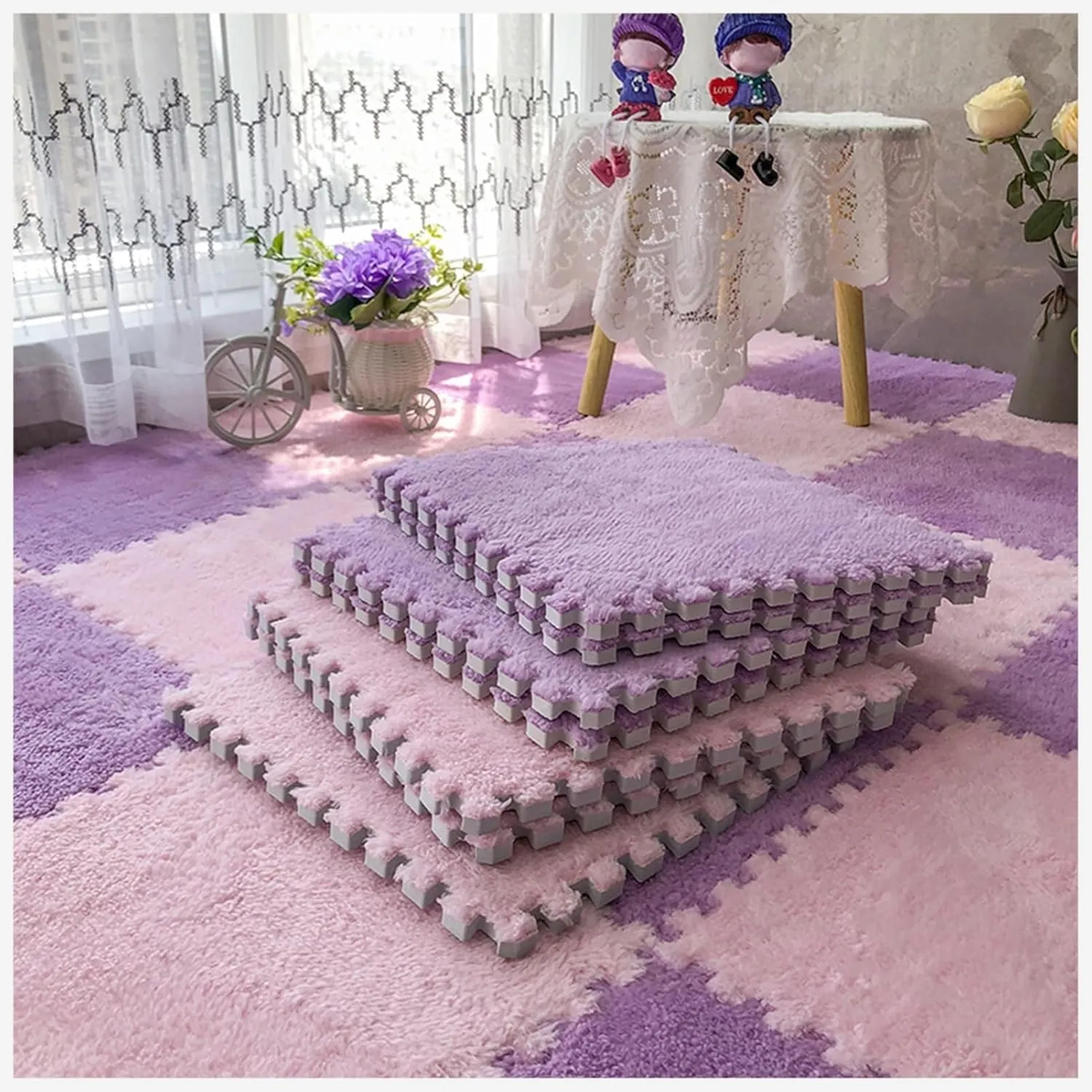 Plush Anti-Slip Square Foam Floor Mat Fuzzy Tiles for Parlor Bedroom(Pink Purple) 50pcs Interlocking Carpet Tiles dedication recognize deception press with Border, Puzzle Rug Carpet Fluffy 