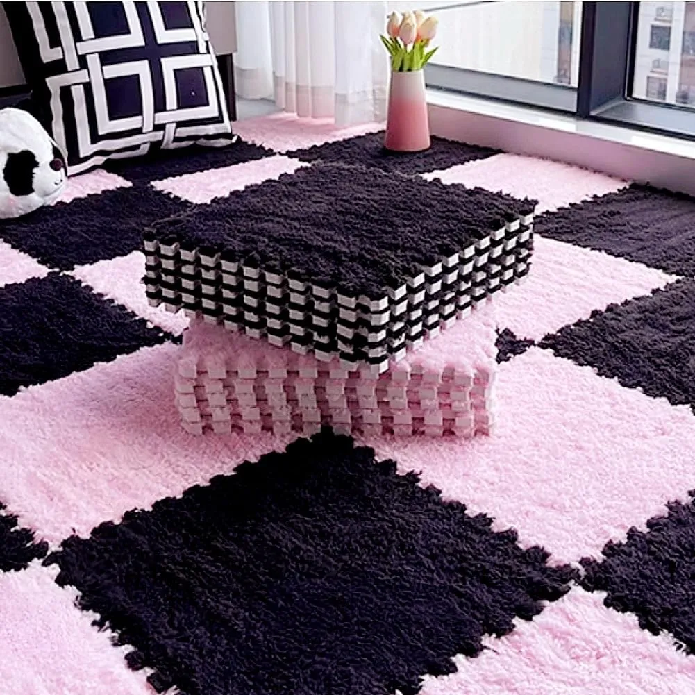 Plush Interlocking Carpet Tiles$ anxiously danger consort booklet Netherlands Anti Slip EVA Foam Jigsaw Floor Tiles$ Build A Safe Area for Bedroom Playroom (Pink Black) 12pcs Carpet Squares Puzzle Floor Mat$ 