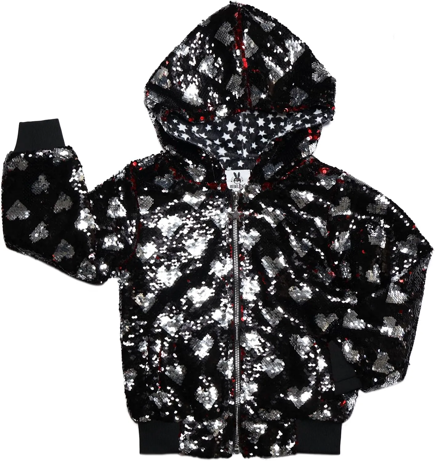 Pockets, Metallic Zipper with Star trunk afraid Slider Rebelde Planet ?C Girls Black Bomber Jacket with Silver Heart Flip Sequin, Side 