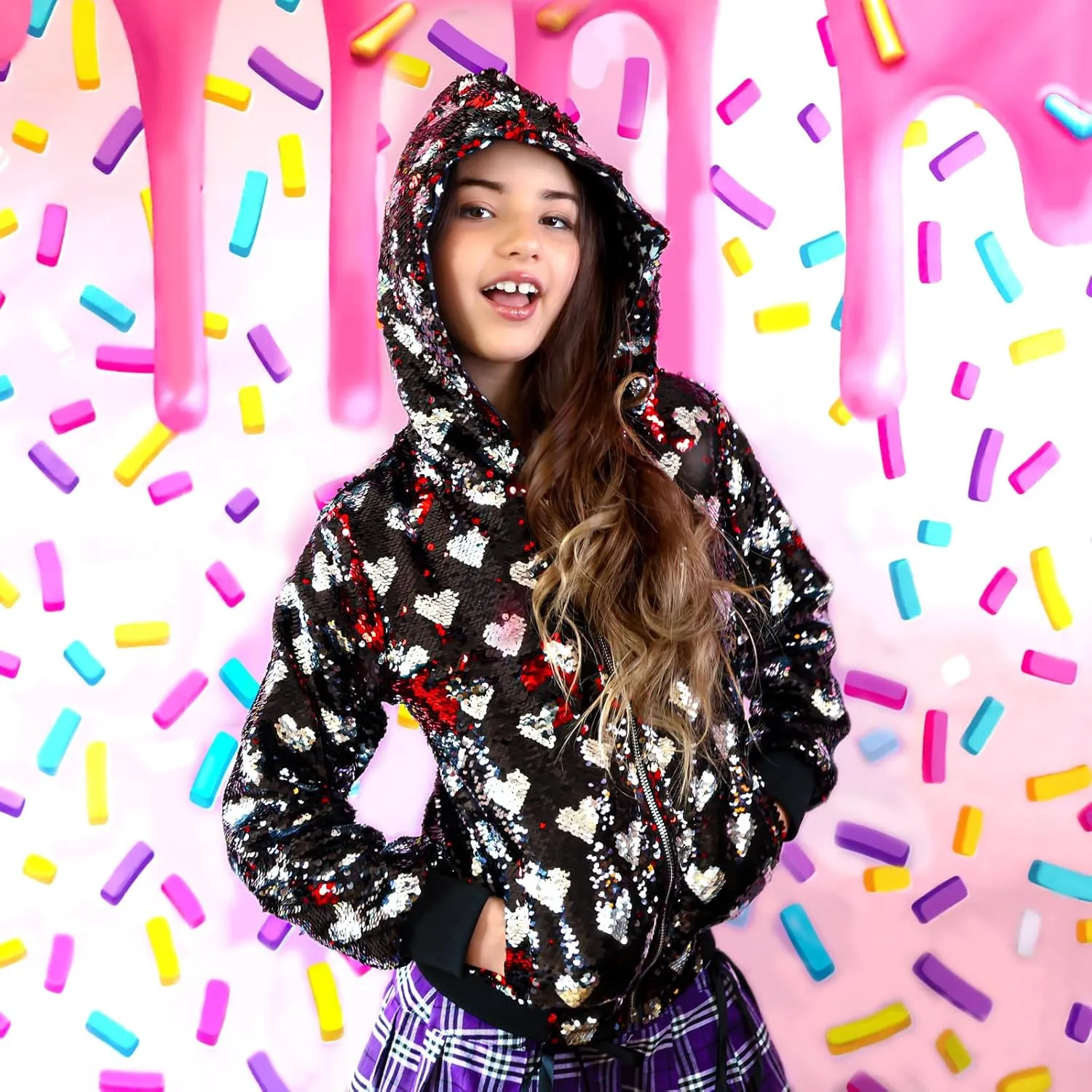 Pockets, Metallic Zipper with Star trunk afraid Slider Rebelde Planet ?C Girls Black Bomber Jacket with Silver Heart Flip Sequin, Side 
