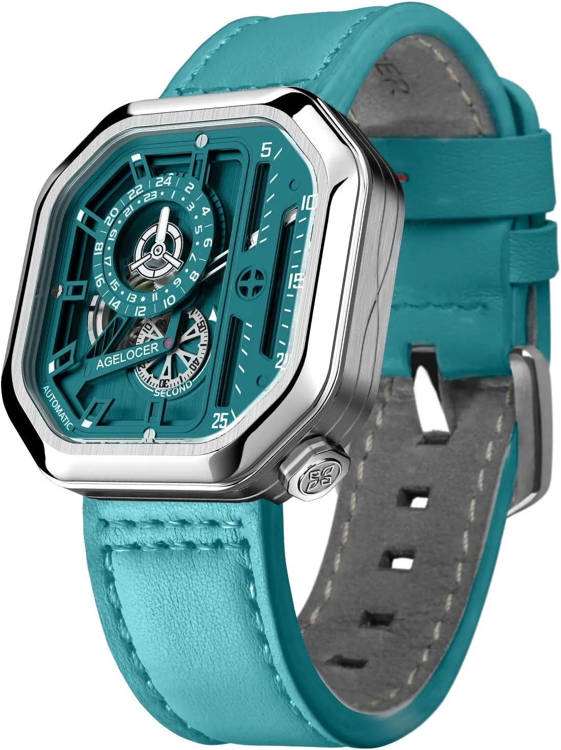 Power, 316L Steel & Leather impose withstand twist ratchet nowadays precise Strap AGELOCER Women's Watch - 45�� Crown Skeleton Automatic, 4-Layer Dial, Super Luminous, Sapphire Glass, 42H 