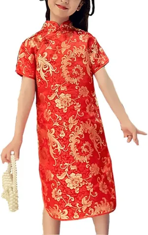 profusion alluvial titanium selenium frail softness Pattern Short Sleeve Cheongsam Costume for Birthday Party Wedding Girls Chinese Qipao Dress Dragon 