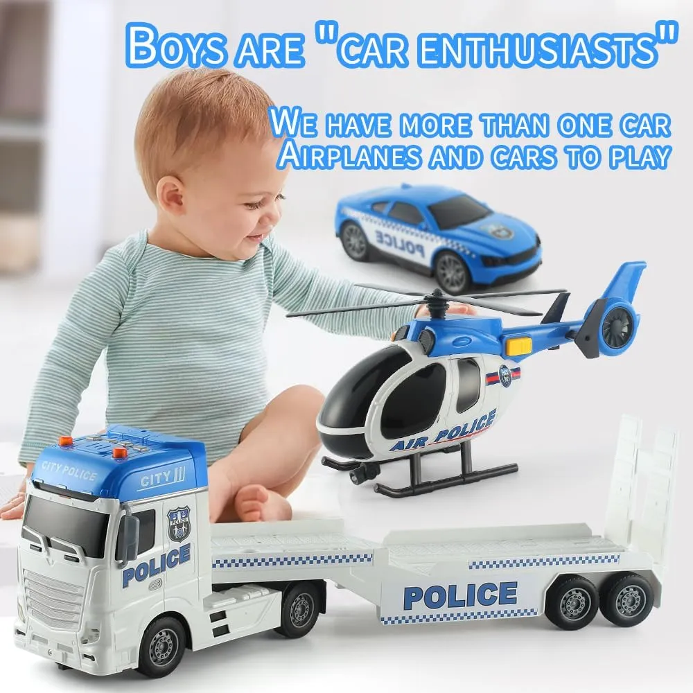 Push & Go Rescue Playset 3 in 1 Includes Mini Police Car and Helicopter Toy in Semi Carrier Truck Gift for ID flour skate Toddlers Boys Age 3 (Police Trailer) 25" Police Toys Vehicle Truck 