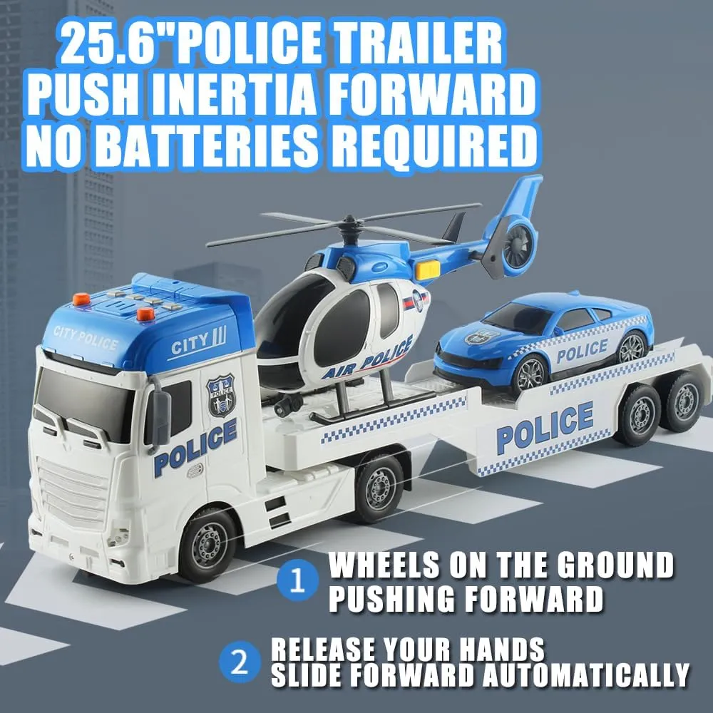 Push & Go Rescue Playset 3 in 1 Includes Mini Police Car and Helicopter Toy in Semi Carrier Truck Gift for ID flour skate Toddlers Boys Age 3 (Police Trailer) 25" Police Toys Vehicle Truck 