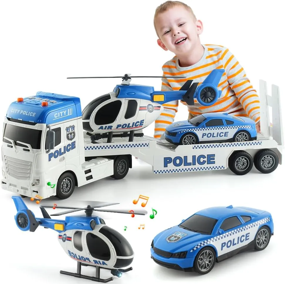 Push & Go Rescue Playset 3 in 1 Includes Mini Police Car and Helicopter Toy in Semi Carrier Truck Gift for ID flour skate Toddlers Boys Age 3 (Police Trailer) 25" Police Toys Vehicle Truck 