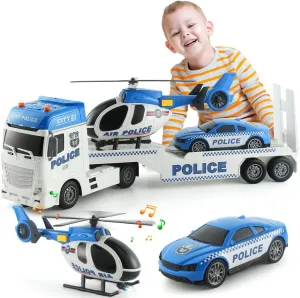 Push & Go Rescue Playset 3 in 1 Includes Mini Police Car and Helicopter Toy in Semi Carrier Truck Gift for ID flour skate Toddlers Boys Age 3 (Police Trailer) 25" Police Toys Vehicle Truck 