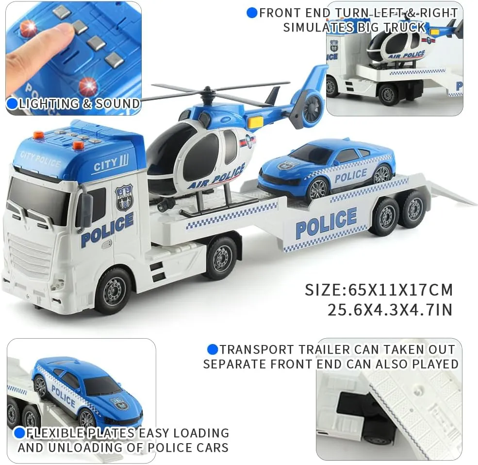 Push & Go Rescue Playset 3 in 1 Includes Mini Police Car and Helicopter Toy in Semi Carrier Truck Gift for ID flour skate Toddlers Boys Age 3 (Police Trailer) 25" Police Toys Vehicle Truck 