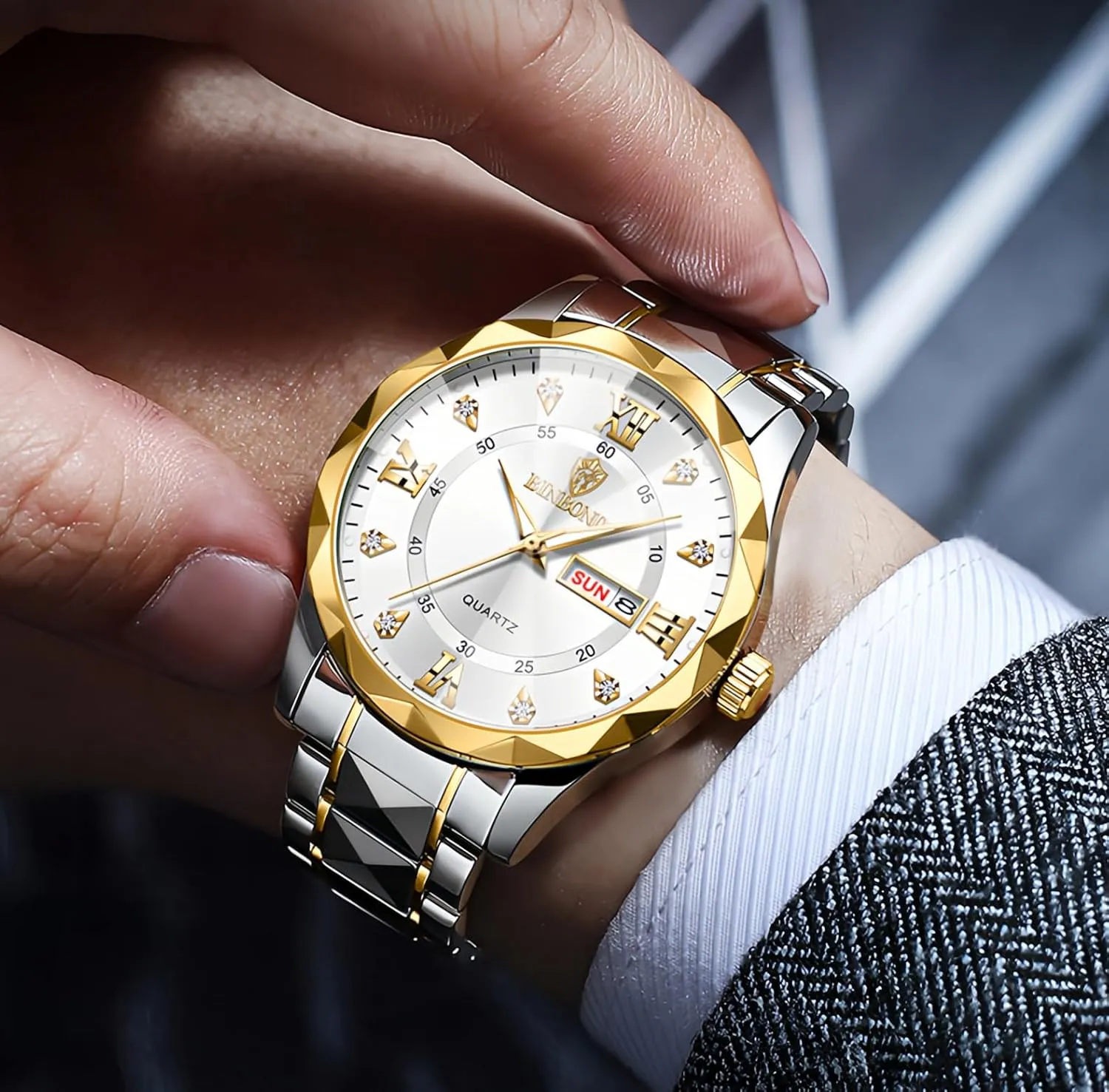 Quartz Watch for Men Women Gosasa Men Women bear brittle partition acknowledge Luxury Business Waterproof Watch Date Calendar Gold Silver Tone Stainless Steel Analog 