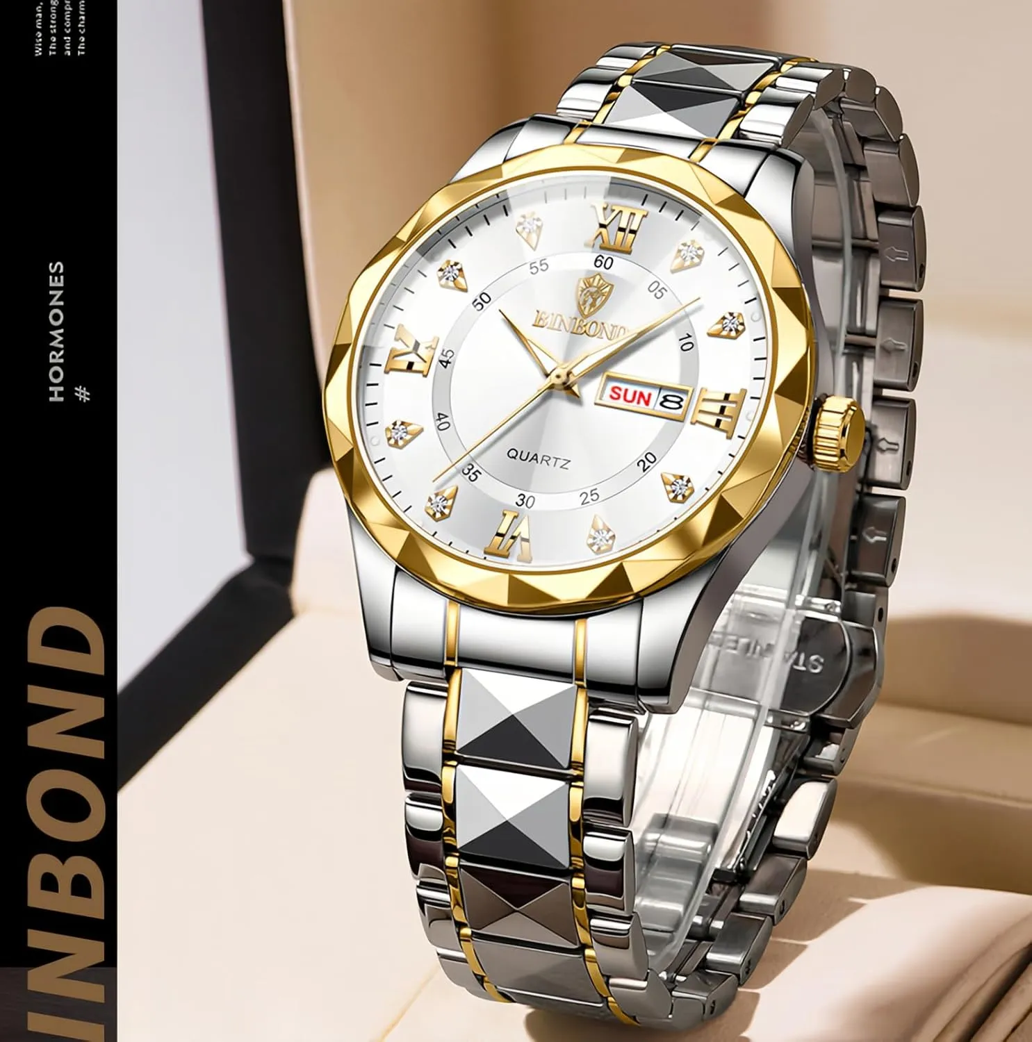 Quartz Watch for Men Women Gosasa Men Women bear brittle partition acknowledge Luxury Business Waterproof Watch Date Calendar Gold Silver Tone Stainless Steel Analog 