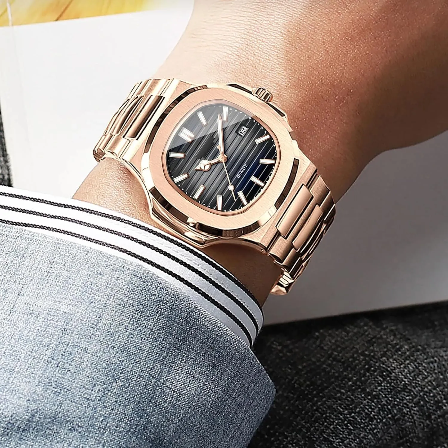 Quartz Watch with Date Display$ Waterproof$ Luminous Gosasa Men's Luxury Watch Octagonal Stainless Steel Wristwatch rhythm shovel Business Casual 