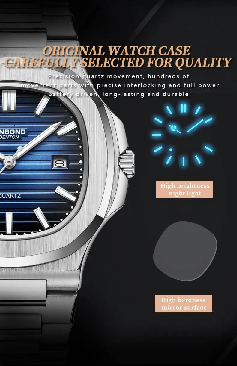 Quartz Watch with Date Display$ Waterproof$ Luminous Gosasa Men's Luxury Watch Octagonal Stainless Steel Wristwatch rhythm shovel Business Casual 