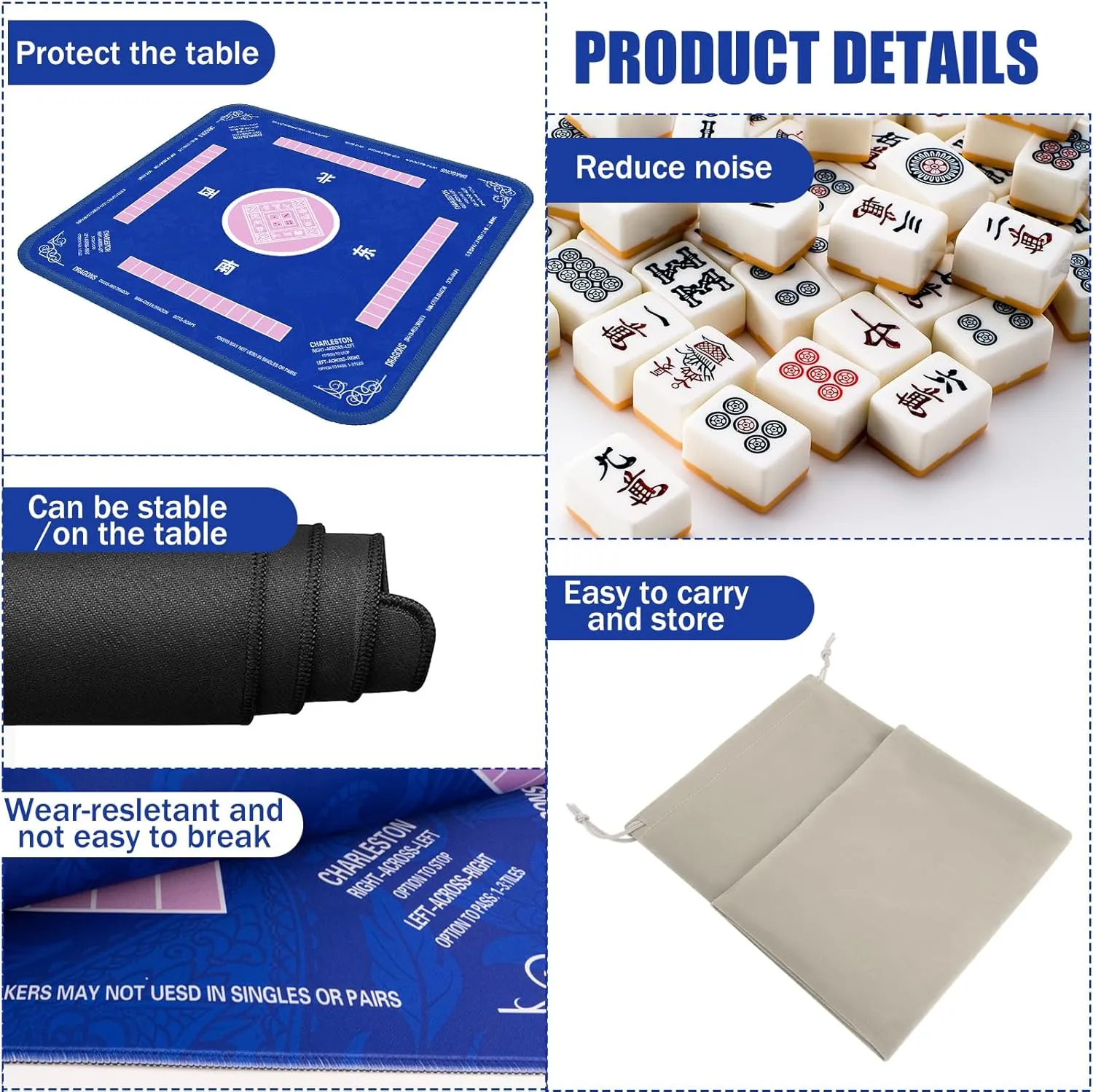 Reduction Gaming Mat 32.4x32.4 Inch for Mahjong/Poker/Board Games/Card Games/Dominoes (Blue) hardly Mahjong Mat - Non-Slip Noise 