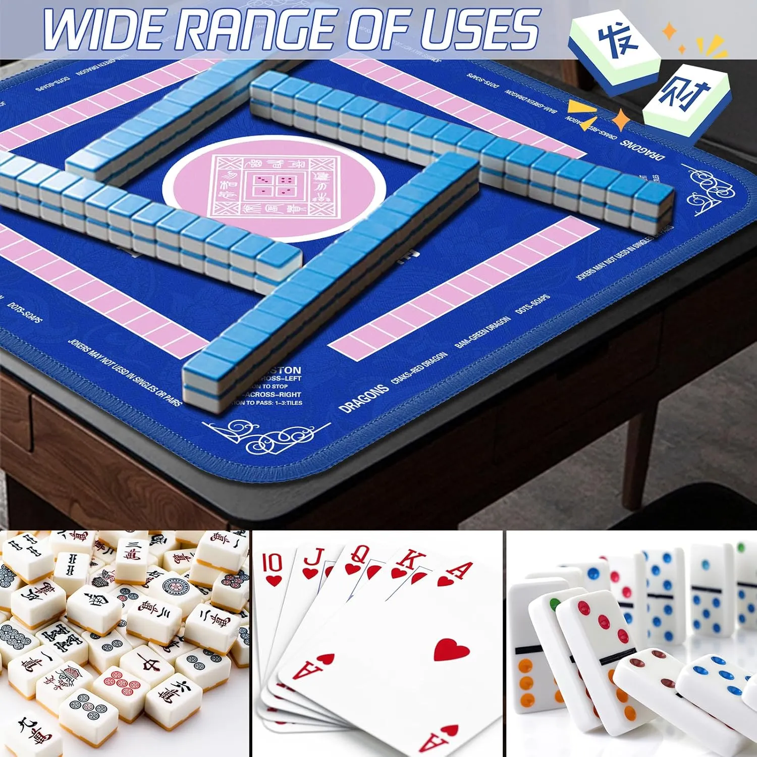 Reduction Gaming Mat 32.4x32.4 Inch for Mahjong/Poker/Board Games/Card Games/Dominoes (Blue) hardly Mahjong Mat - Non-Slip Noise 