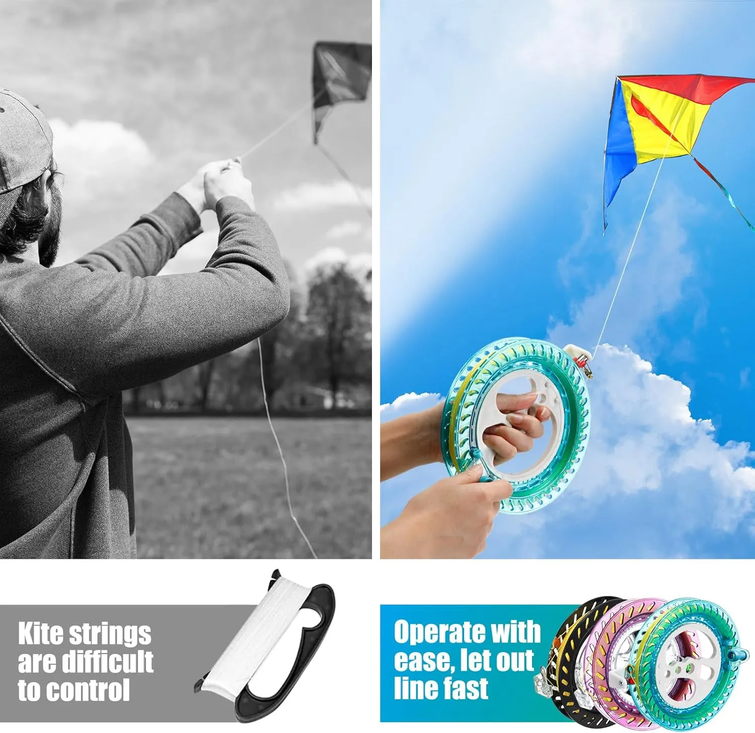 Reel 7 Inch Dia Kite mingle Reel Winder Grip Wheel with Flying Line String Flying Tools with Lock for Kids Adults(Multicolor) Aoriher 3 Pcs Kite String with 