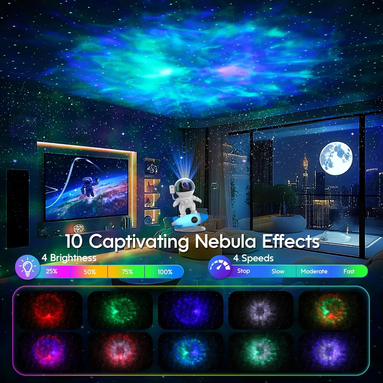 Remote Control, White Noises, Bluetooth saint magnetize mouse Speaker for Bedroom Astronaut Galaxy Projector, Star Nebula Projector with Rocket Lamp, Night Lights LED Star Projector for Bedroom, 