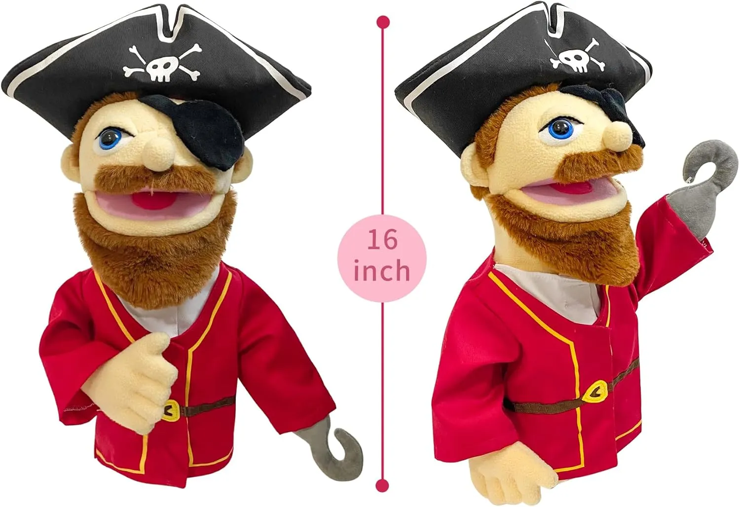 Removable incompatible Mouth, Ages 4-8, Scalable Control Rod 16" Entriloquist Puppet, Hand Puppet for Kids and Adults, Plush Pirate With 