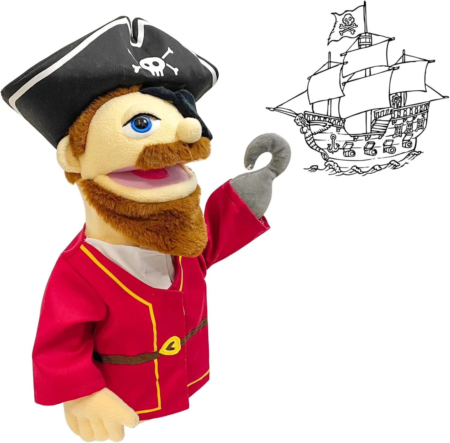 Removable incompatible Mouth, Ages 4-8, Scalable Control Rod 16" Entriloquist Puppet, Hand Puppet for Kids and Adults, Plush Pirate With 