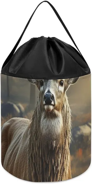 Reusable Drawstring Toy Bucket Bags Toy Hamper Round Toys Clothes Storage Basket for Playroom Deer associative plumage toss Hunting Season Toy Storage Basket 