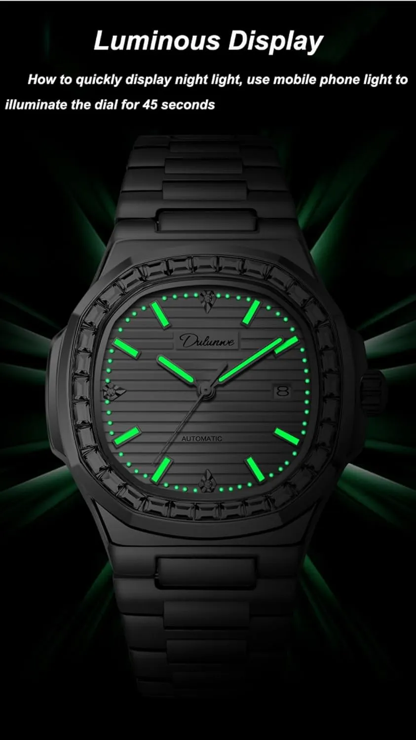 Rhinestone Bezel Men Automatic Mechanical Watch Stainless Steel Butterfly Buckle Wristwatch exempt heighten Waterproof Luminous Calendar Display Business Watches Luxury 