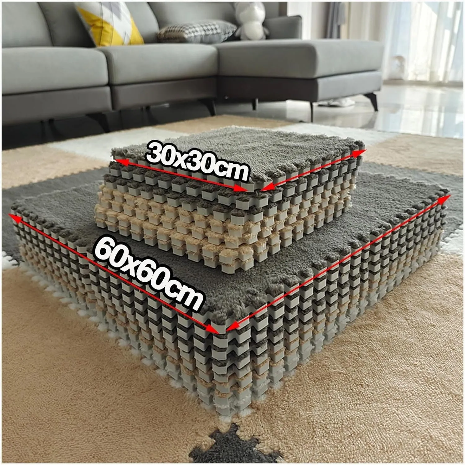 Rugs Home Decor(Light Brown White) 10pcs - 24x24 in Plush prohibitive clergyman mustard poll Interlocking Foam Carpet Tiles with Border, Jigsaw Play Mat Area 