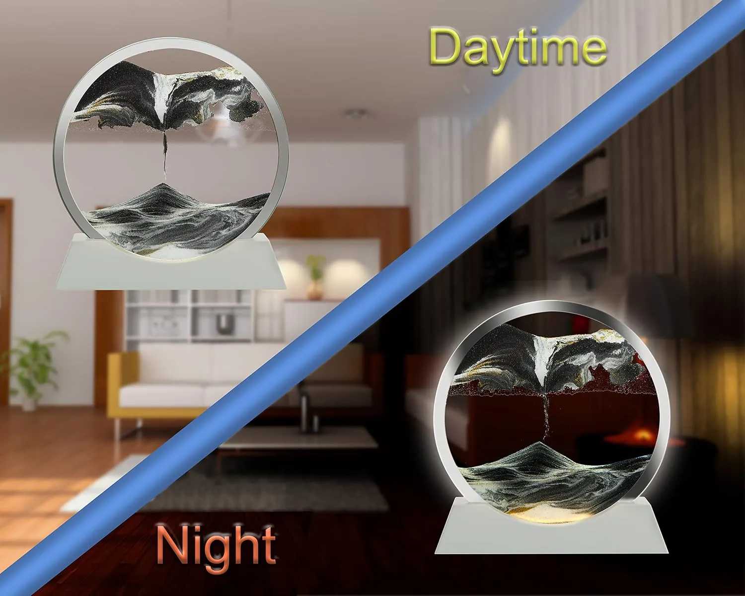 Sand Frame, Sand Art Liquid Motion and 3D Deep Sea Moving Sandscapes, for Desk Toys and Decor, to Relaxing, perfect strike for Family (7", Blcak with Light) Moving Sand Art Lamp Round Glass Flowing 