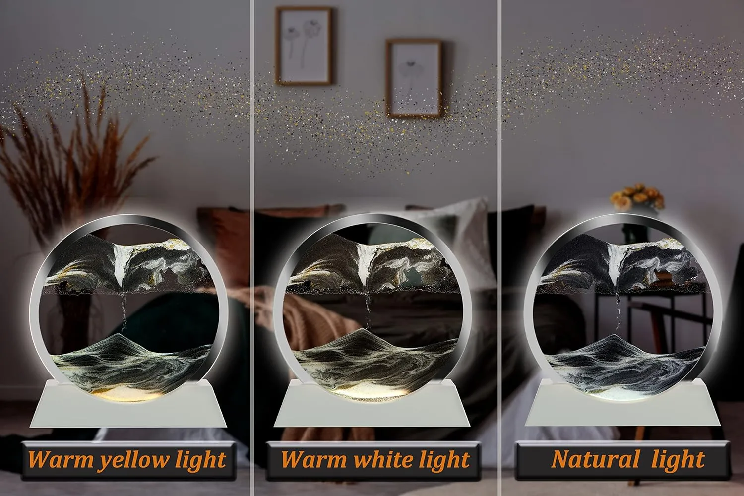 Sand Frame, Sand Art Liquid Motion and 3D Deep Sea Moving Sandscapes, for Desk Toys and Decor, to Relaxing, perfect strike for Family (7", Blcak with Light) Moving Sand Art Lamp Round Glass Flowing 