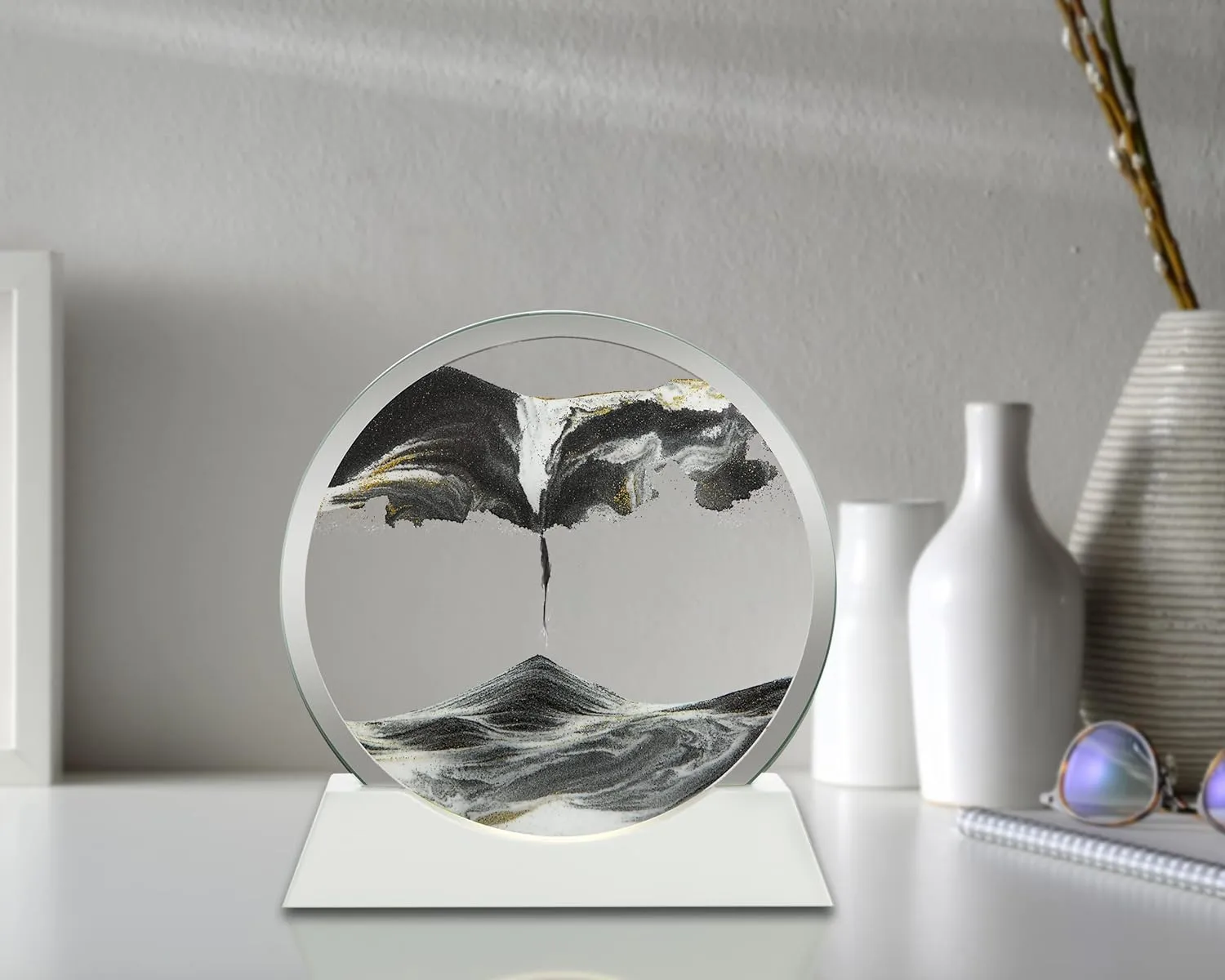Sand Frame, Sand Art Liquid Motion and 3D Deep Sea Moving Sandscapes, for Desk Toys and Decor, to Relaxing, perfect strike for Family (7", Blcak with Light) Moving Sand Art Lamp Round Glass Flowing 