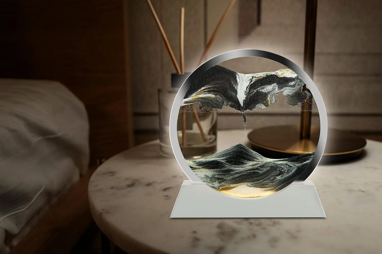 Sand Frame, Sand Art Liquid Motion and 3D Deep Sea Moving Sandscapes, for Desk Toys and Decor, to Relaxing, perfect strike for Family (7", Blcak with Light) Moving Sand Art Lamp Round Glass Flowing 