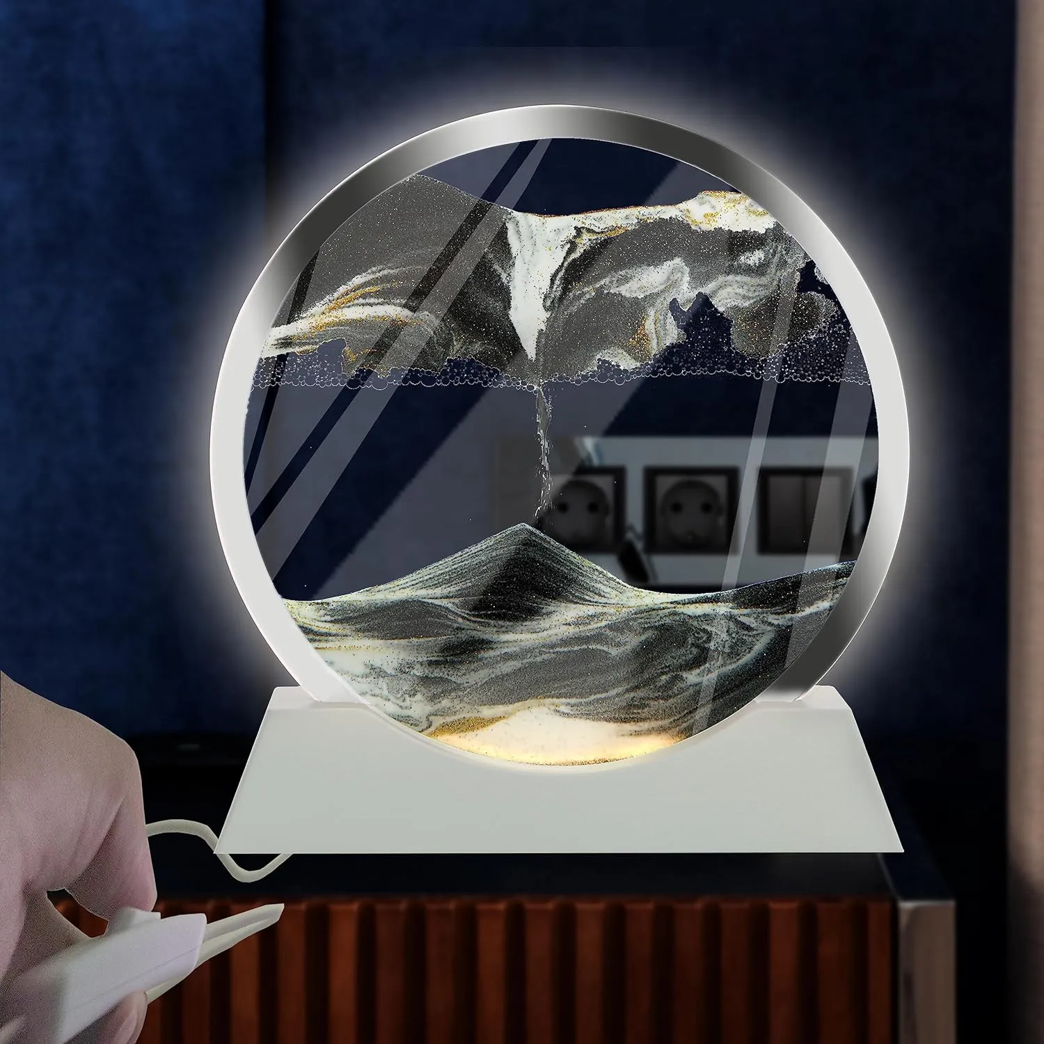 Sand Frame, Sand Art Liquid Motion and 3D Deep Sea Moving Sandscapes, for Desk Toys and Decor, to Relaxing, perfect strike for Family (7", Blcak with Light) Moving Sand Art Lamp Round Glass Flowing 