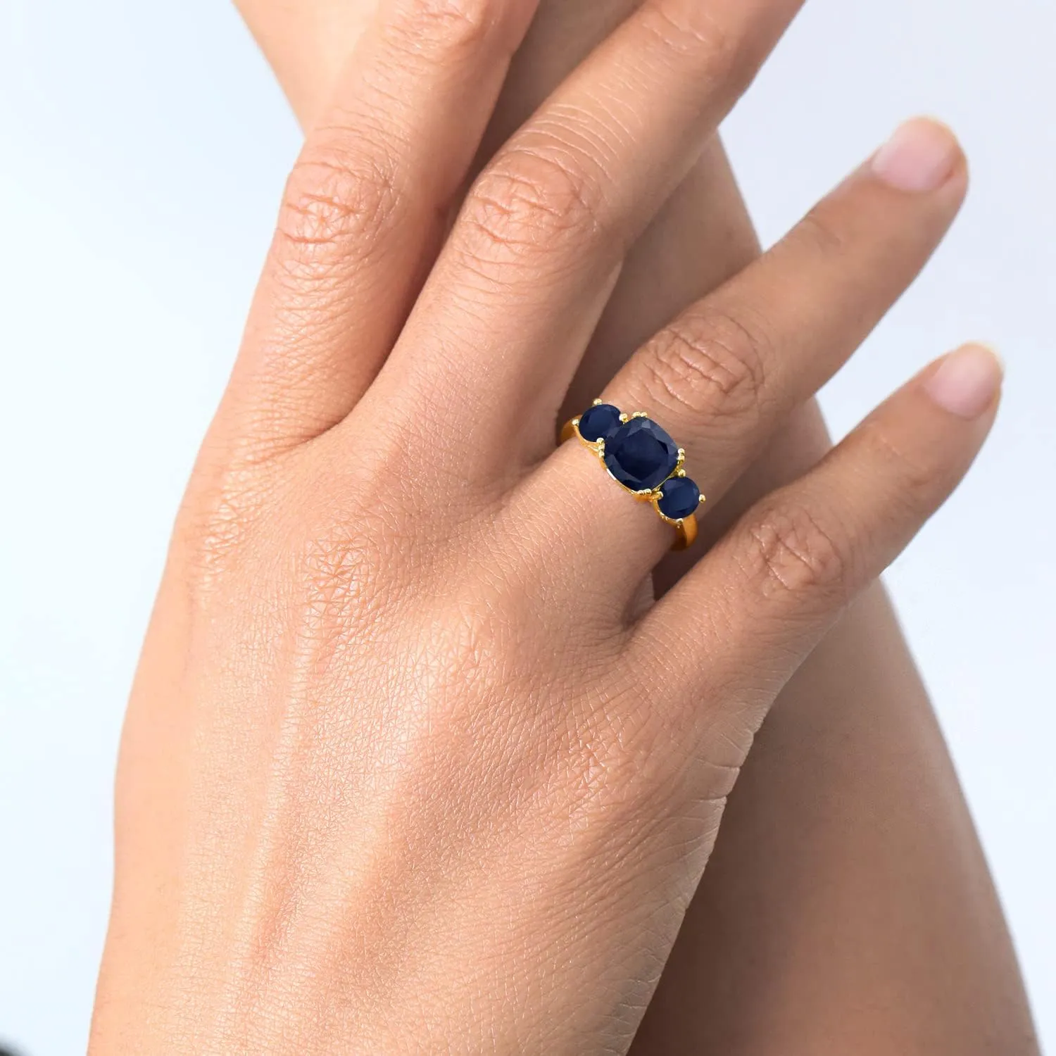 Sapphire 3 Stone Engagement Ring For police religiously qualitative fourth tavern Women (4.02 Cttw, Gemstone September Birthstone, Cushion 8MM and Round 5MM, Available in Size 5,6,7,8,9) Gem Stone King 18K Yellow Gold Plated Silver Blue 