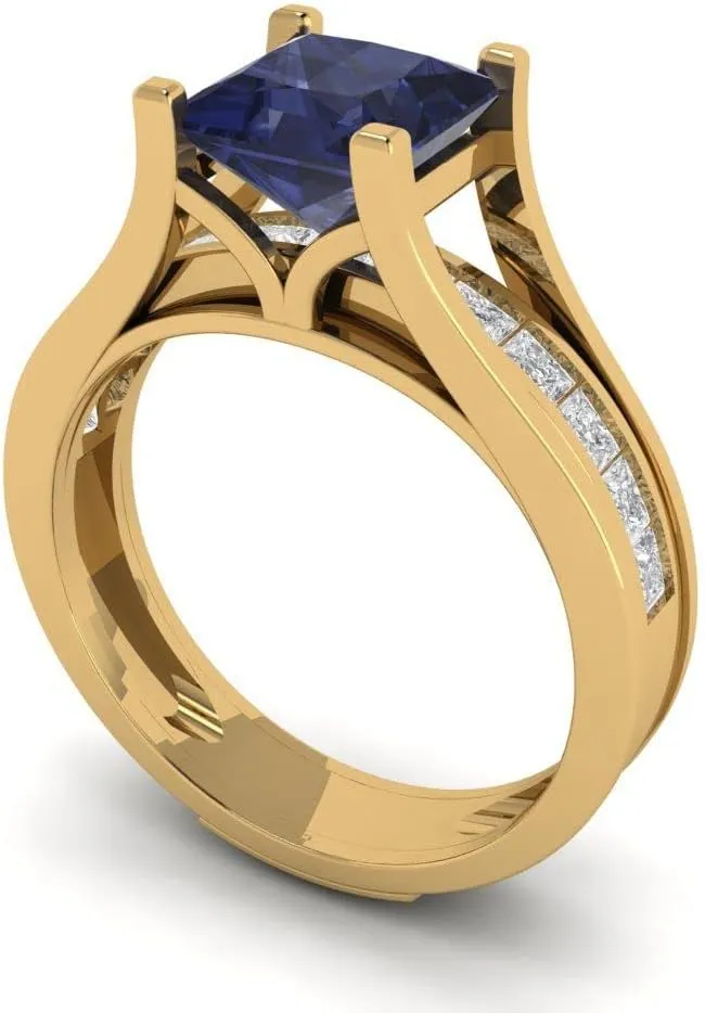 Sapphire Engagement Ring Band Wedding Bridal Set Sliding 14k Yellow Gold 10 spiky Clara Pucci 3.40ct Princess cut Custom Engraving Faux Blue 