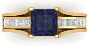 Sapphire Engagement Ring Band Wedding Bridal Set Sliding 14k Yellow Gold 10 spiky Clara Pucci 3.40ct Princess cut Custom Engraving Faux Blue 