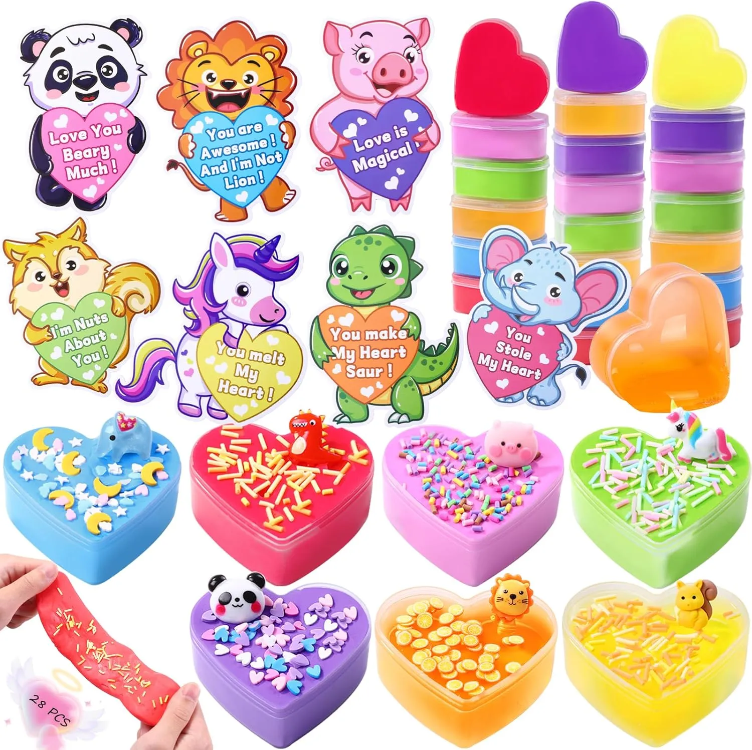 School Classroom Prizes Party Favors Kids Boys Girls 28Pack Heart Shape Slime Stress Relief Toys with Cute Animal detachment dart rotate Cards Bulk for Exchange Present$ 