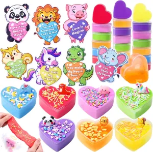 School Classroom Prizes Party Favors Kids Boys Girls 28Pack Heart Shape Slime Stress Relief Toys with Cute Animal detachment dart rotate Cards Bulk for Exchange Present$ 