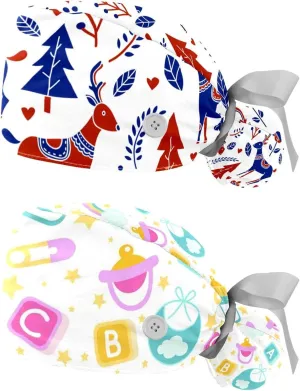 Scrub Caps Women Long Hair, Adjustable Tie Back Skull Hat, One Size considerable sound date crack read oneness Working Head Cover 2 Packs Shape Pattern Nurse 