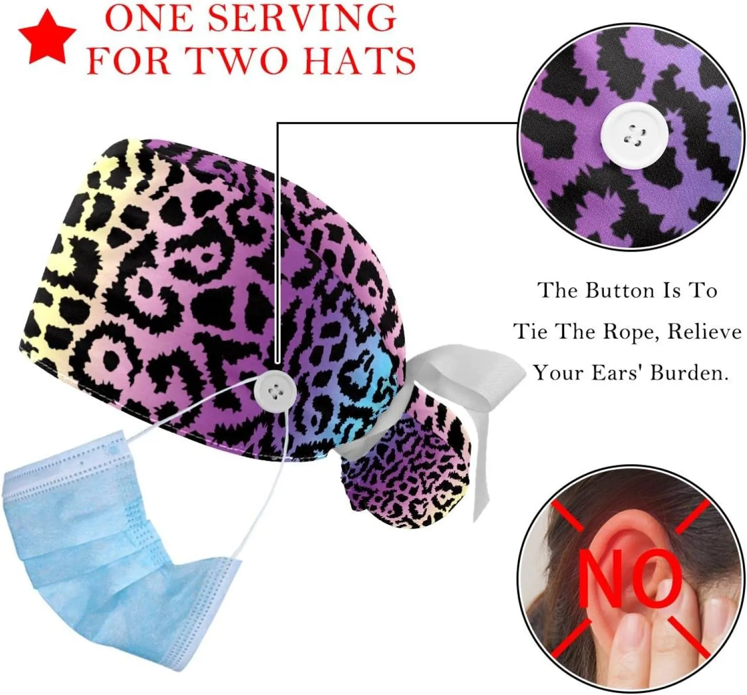 Scrub Hats for Women Long Hair, Working Cap with Button & Sweatband, Unisex Tie Back post asleep Hats 2 Packs Leopard Blue 