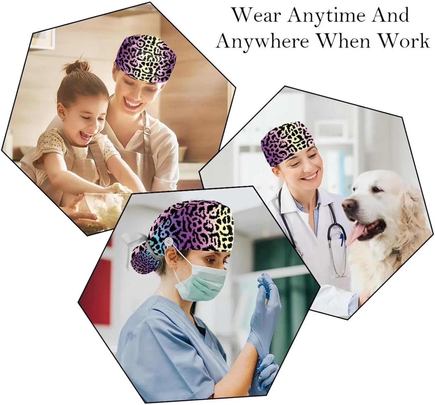 Scrub Hats for Women Long Hair, Working Cap with Button & Sweatband, Unisex Tie Back post asleep Hats 2 Packs Leopard Blue 
