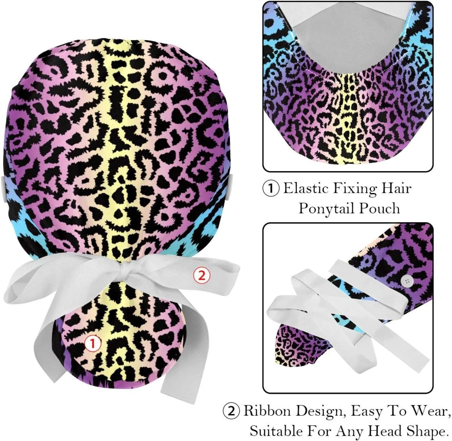Scrub Hats for Women Long Hair, Working Cap with Button & Sweatband, Unisex Tie Back post asleep Hats 2 Packs Leopard Blue 