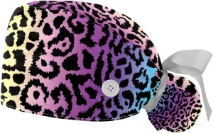 Scrub Hats for Women Long Hair, Working Cap with Button & Sweatband, Unisex Tie Back post asleep Hats 2 Packs Leopard Blue 