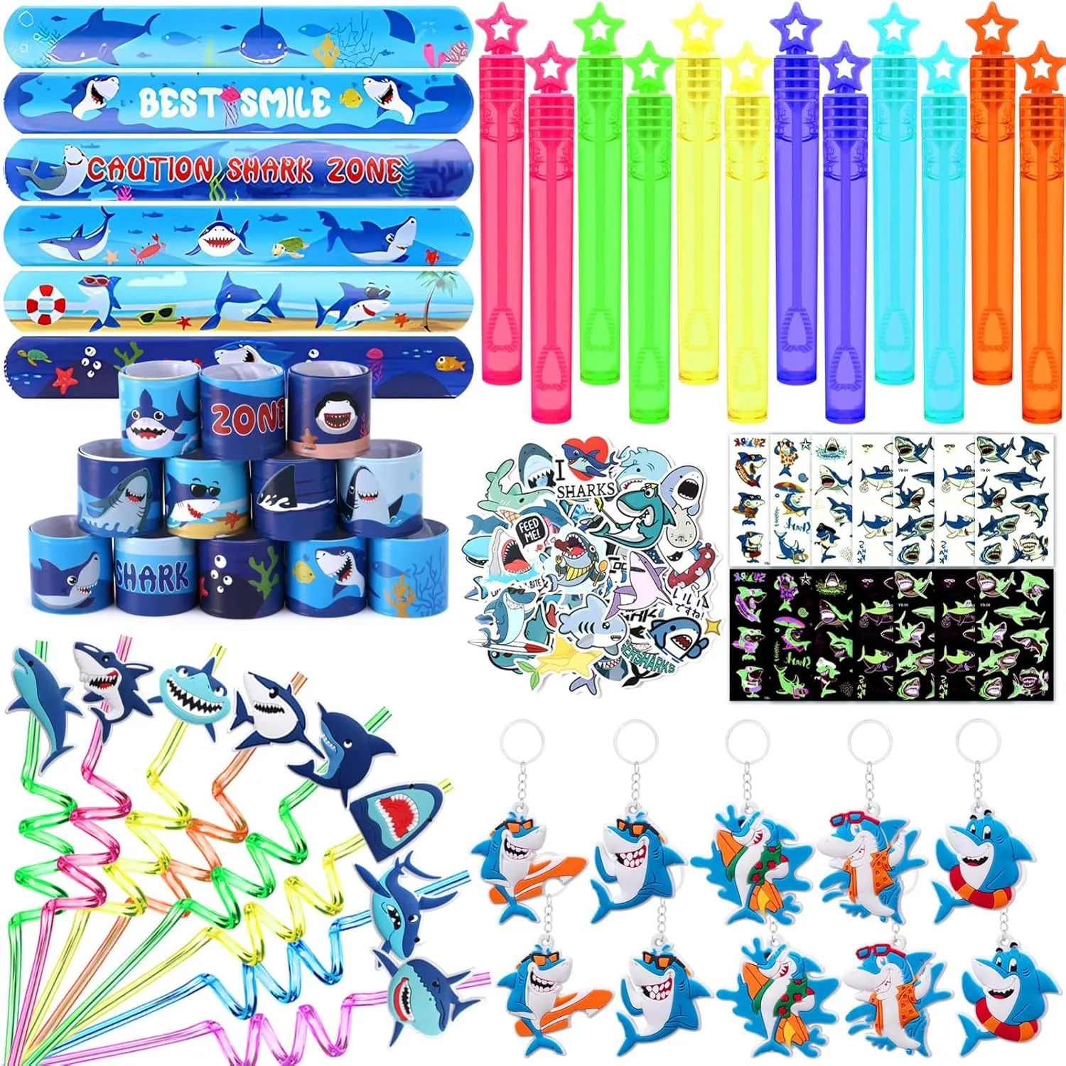 Sea executive client beat Party Favors 110Pcs Shark Party Favors Birthday Supplies$ Straws Bubble Wands Slap Bracelet Keychain Tattoo Sticker Toy Gift Baby Kids Boys Shark Valentines Goodie Bag Stuffer Ocean Under the 