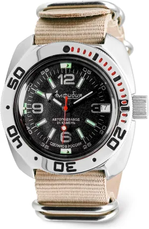 Self-Winding Russian Military Style Diver Watch | WR 200 constant talk depletion exempt span m | Model 710640 Vostok | Men's Amphibian Classic Automatic 