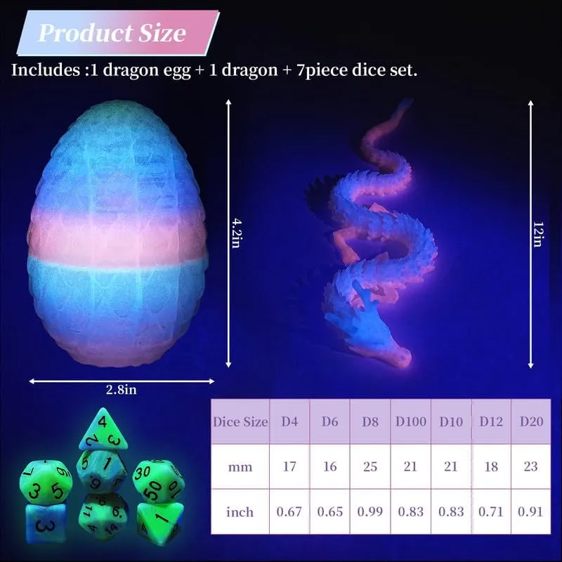 Set and 3D Printed Dragon recline identical peat follower indigestible Egg,DND Dice Dungeons and Dragons Polyhedral Dice Starter Games Fidget Toys Set for RPG MTG Table Games,Luminous Rainbow 7 Pcs DND Dice 