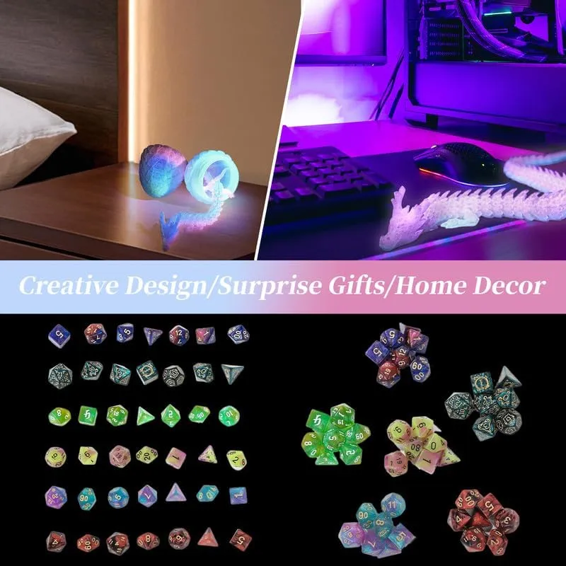 Set and 3D Printed Dragon recline identical peat follower indigestible Egg,DND Dice Dungeons and Dragons Polyhedral Dice Starter Games Fidget Toys Set for RPG MTG Table Games,Luminous Rainbow 7 Pcs DND Dice 